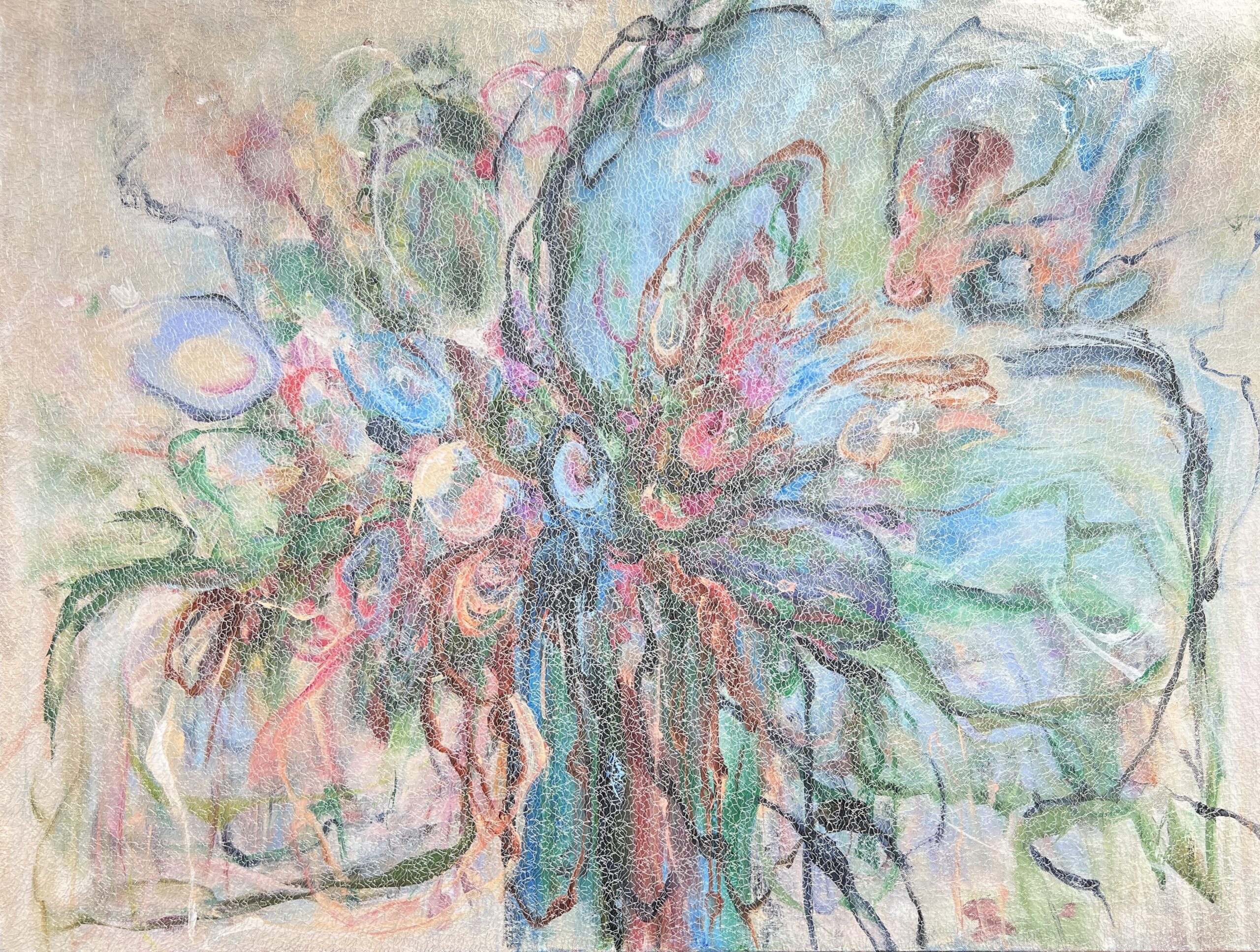 Vanilla Sky, acrylic beneath pale silver mesh on Belgian linen painting by Tia Bowman, 56 x 36 inches